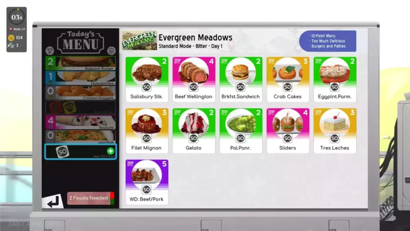 Интерфейс выбора меню в игре Cook, Serve, Delicious! 3?!