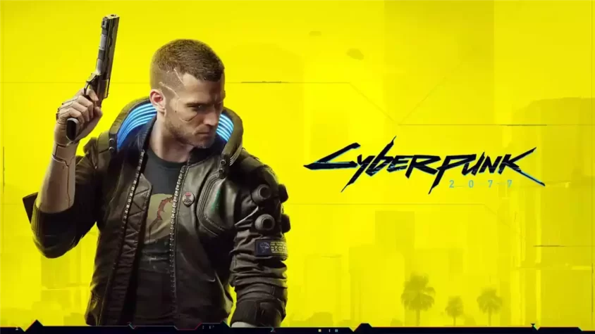 Cyberpunk 2077 - Обложка Обложка игры Cyberpunk 2077, с главным героем, держащим пистолет в стиле киберпанк