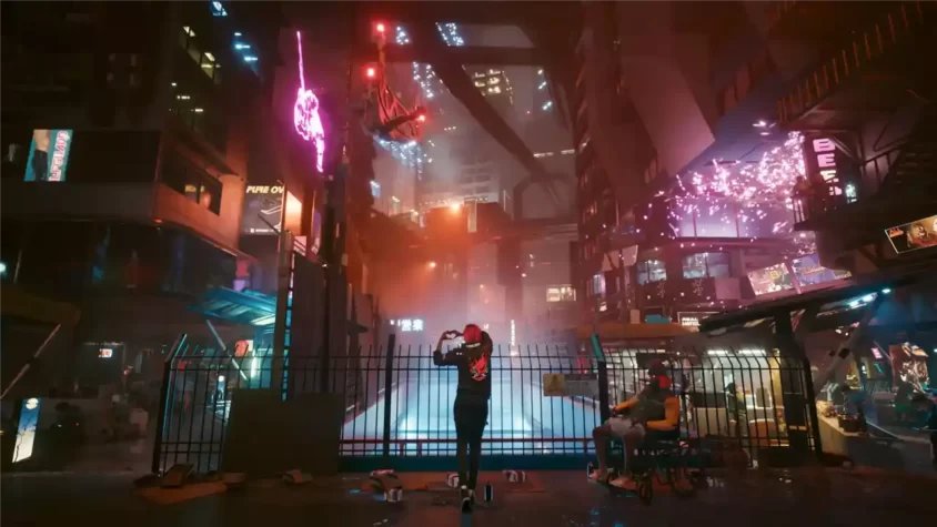 Ночной город, полных неоновых огней и высокотехнологичных зданий в Cyberpunk 2077