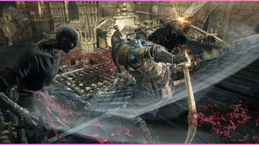 Скриншот из игры Dark Souls III, битва на крыше города