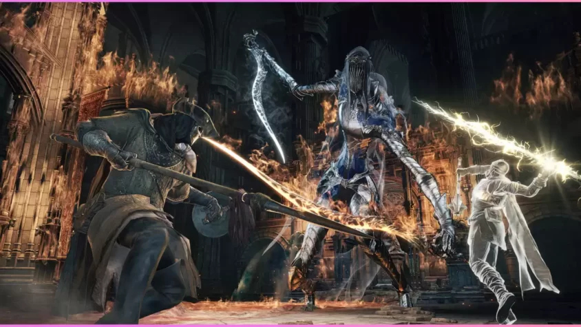 Скриншот из игры Dark Souls III, бой с боссом