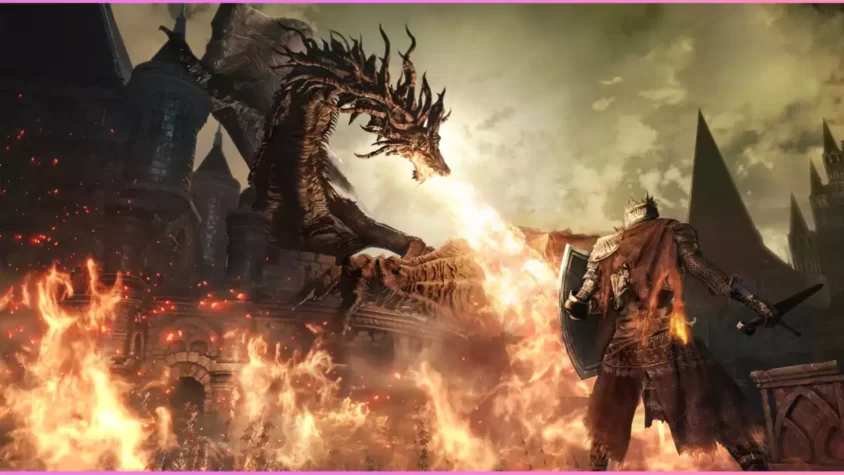 Скриншот из игры Dark Souls III, битва с враждебными персонажами
