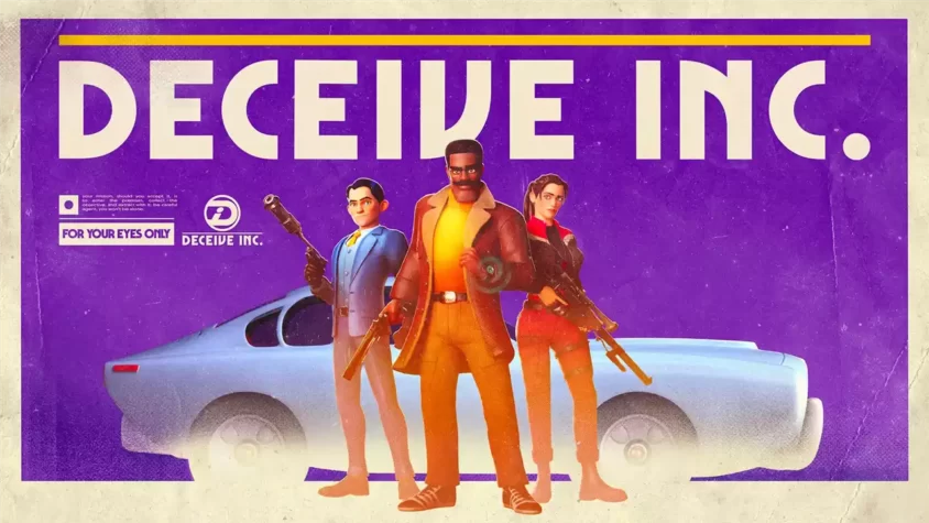 Deceive Inc - Обложка игры Обложка игры Deceive Inc с тремя персонажами на фоне стильного автомобиля