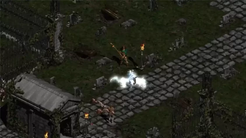 Скриншот Diablo II с героями в городе, среди торговцев и NPC