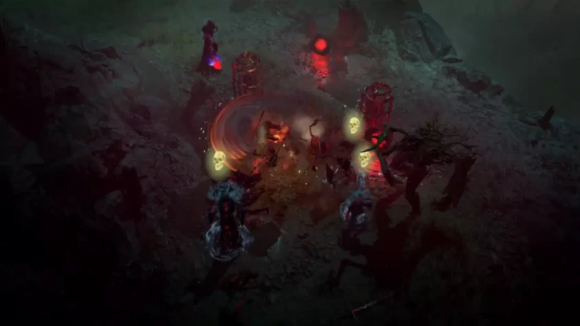 Скриншот из Diablo IV, где герои встречаются с демонами в пустоши