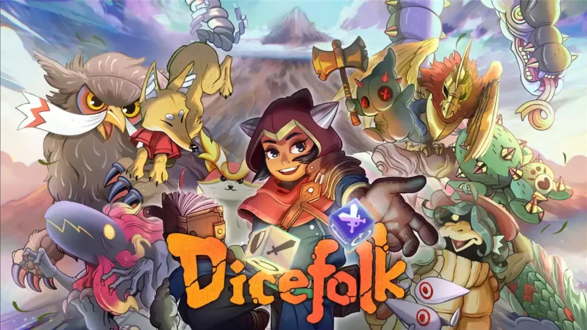 Обложка игры Dicefolk, с множеством чудных существ и магией на переднем плане