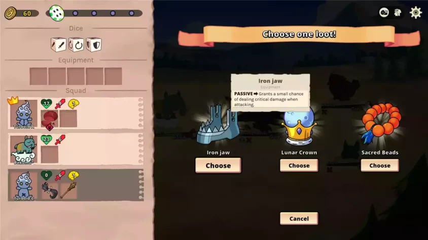 Экран выбора добычи в игре Dicefolk