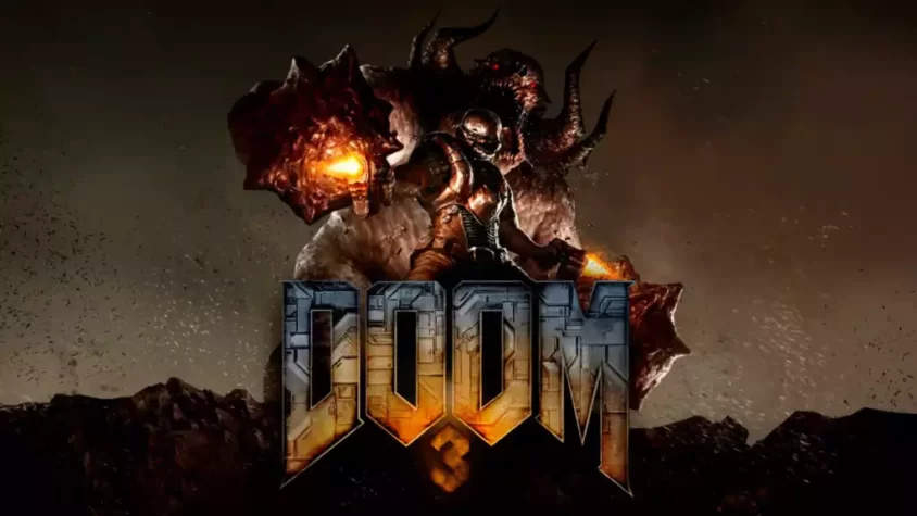 Doom 3: Обложка Обложка игры Doom 3: с гигантским демоном и героем, готовым с ним сразиться
