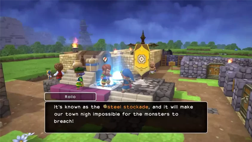 Персонажи строят защитную стену в Dragon Quest Builders