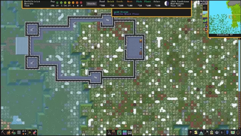 Экран из игры Dwarf Fortress: вид на заснеженные земли с укреплениями