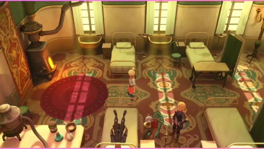 Скриншот комнаты в игре Earthlock, персонажи в интерьере с кроватями