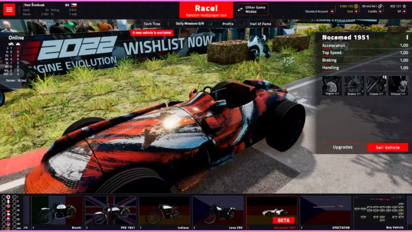 Скриншот игры Engine Evolution 2022, выбор транспортных средств