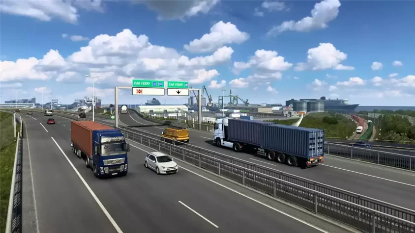 Скриншот игры Euro Truck Simulator 2 с дорогой и грузовиками