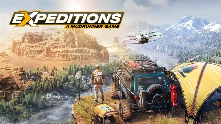Expeditions: A MudRunner Game — Обложка Обложка игры. Стандартный пейзаж с внедорожником, который скорее всего застрянет в ближайшем болоте