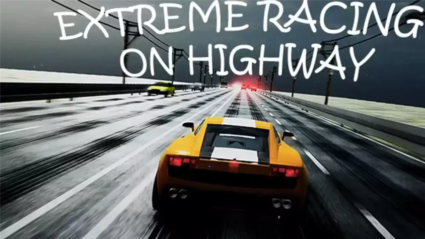 Extreme Racing on Highway - Обложка Обложка игры с изображением гоночного автомобиля на фоне заснеженной дороги и неба