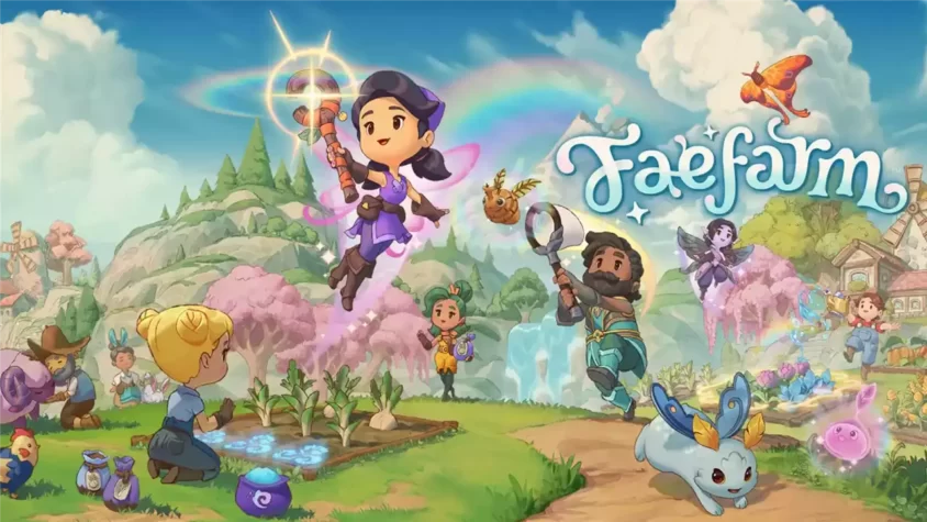Игровая обложка Fae Farm с персонажами, волшебством и яркими пейзажами.