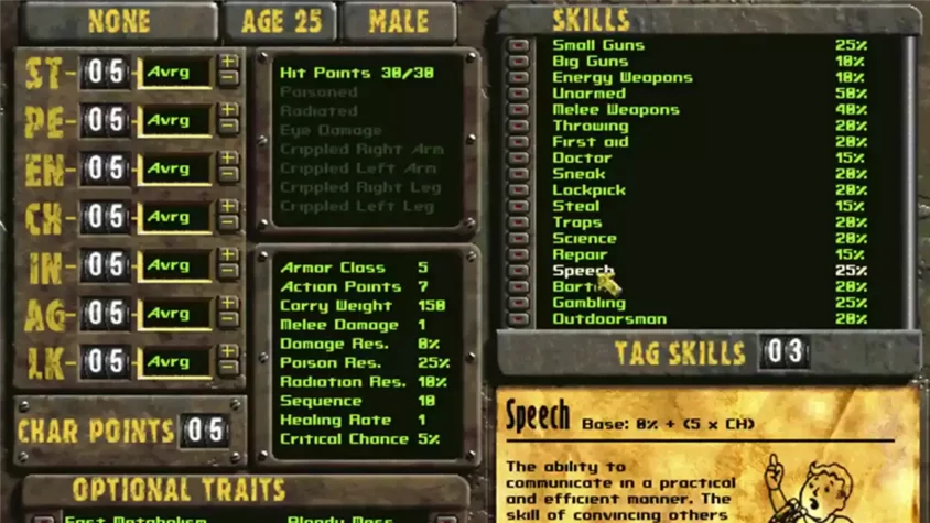 Экран создания персонажа Fallout 2