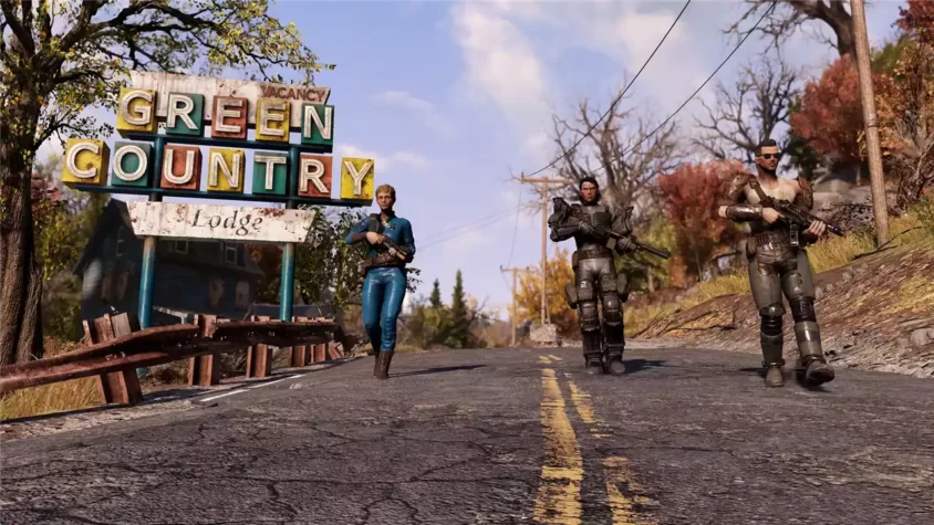 Дорога в Fallout 76. Прямо по ней идут персонажи, встречая прекрасный мир, полный сюрпризов.