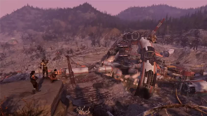 Сломанная сцена в Fallout 76, где все выглядит как попытка найти выход из того, что осталось от мира.