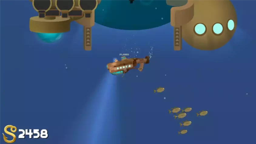 Подводная лодка с харпуном окружена стайкой рыб в Fantastic Fishing