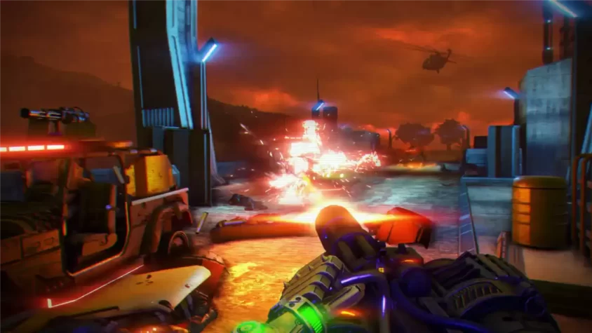 Скриншот из игры Far Cry 3 Blood Dragon, боевые действия на открытой местности