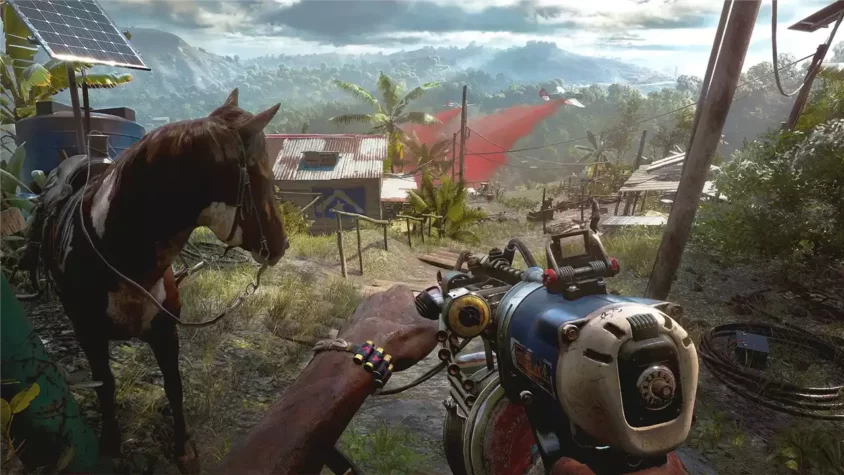 Персонаж на лошади с уникальным оружием в Far Cry 6