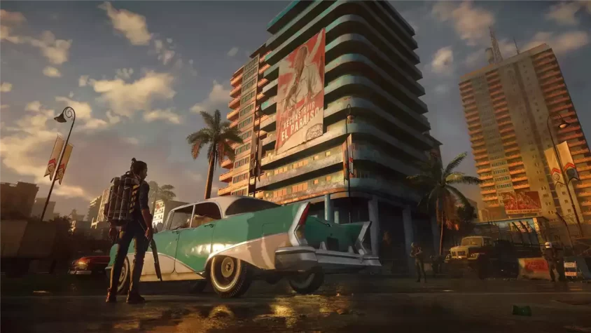 Картинка с транспортом и рекламным билбордом из игры Far Cry 6