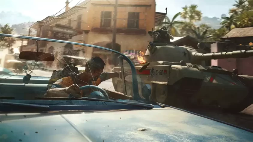 Кадр из игры Far Cry 6 с персонажем, который убегает от танка