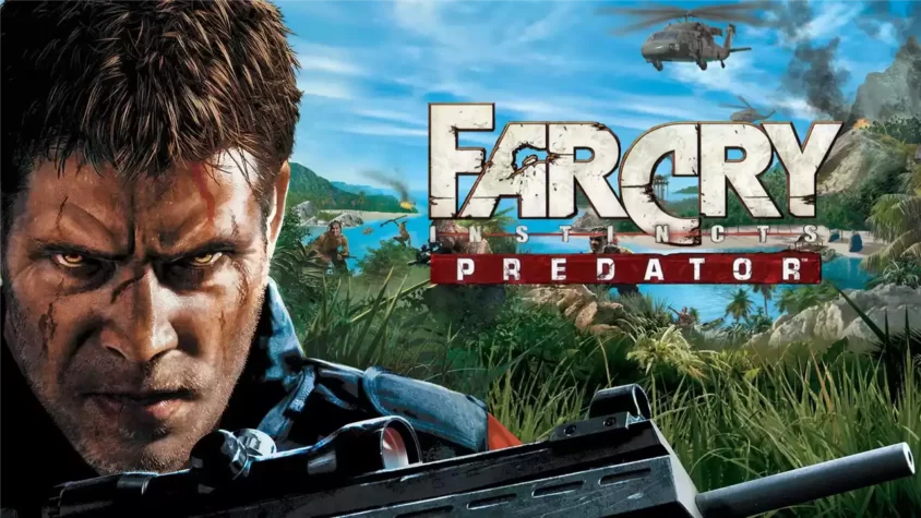 Обложка игры Far Cry Instincts: Predator, с изображением главного героя и джунглей на фоне