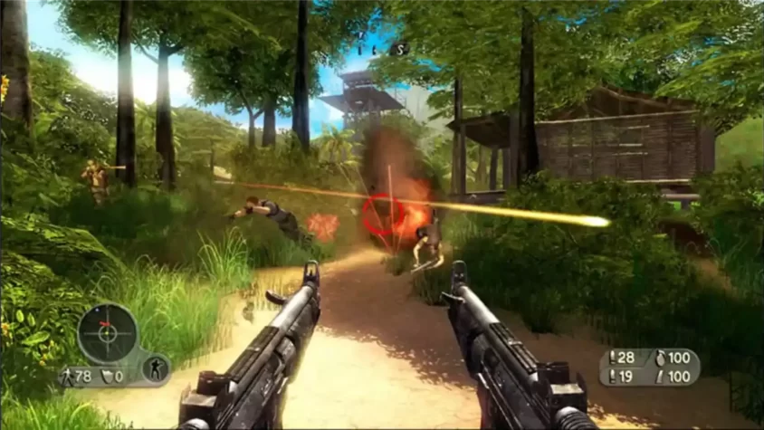 Стрельба из двух пистолетов по врагам в Far Cry Instincts: Predator