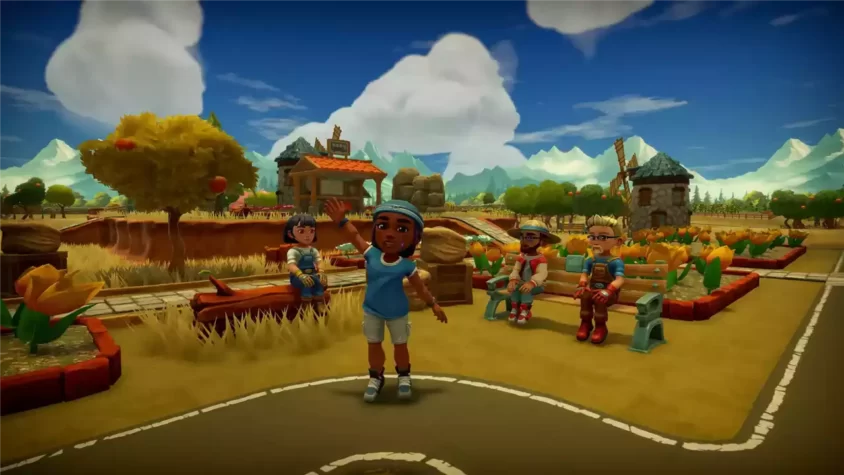 Персонажи встречаются в цветущем городе в игре Farm Together 2