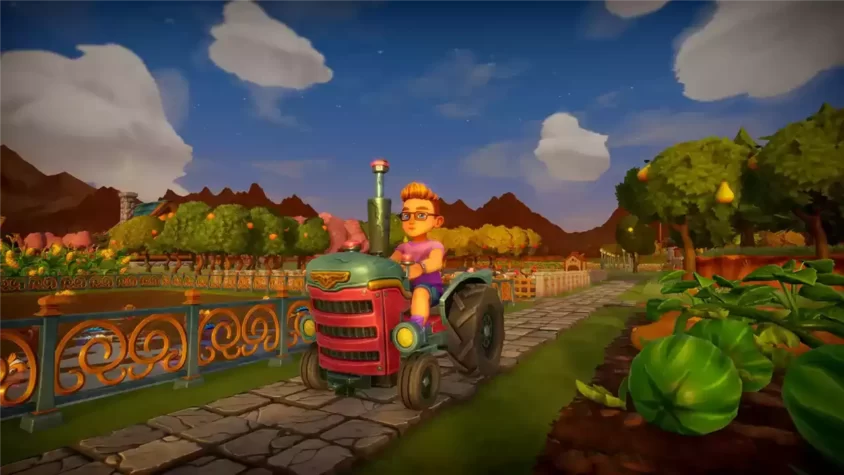 Персонаж на тракторе, ухаживающий за фермой в Farm Together 2