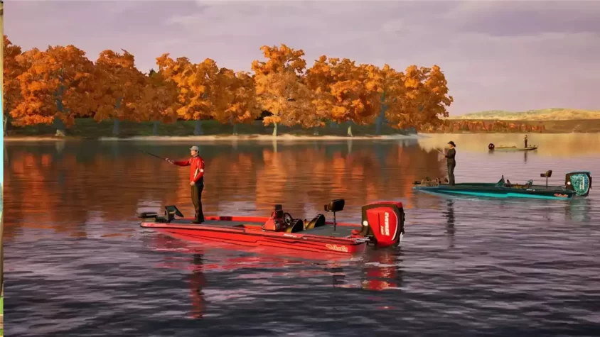 Игрок с огромной рыбой на фоне спокойного озера в Fishing Sim World Pro Tour
