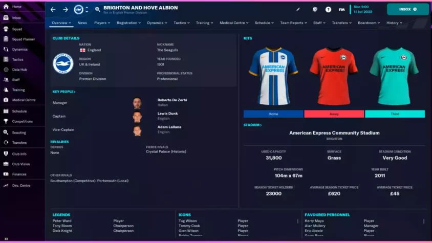 Главный экран с командой в Football Manager 2023