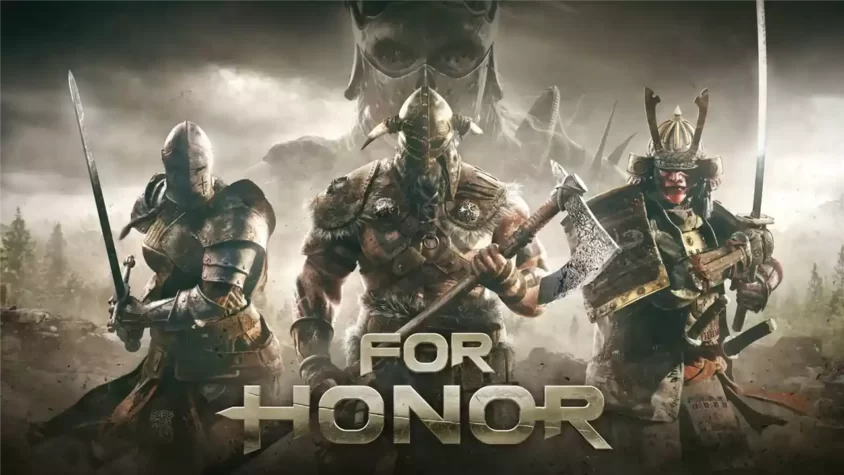 Обложка игры FOR HONOR, на которой изображены рыцарь, викинг и самурай, готовые к бою
