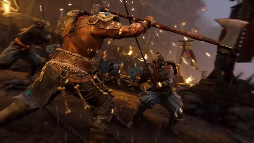 Скриншот из игры FOR HONOR, бой между викингом и самураем в разгаре