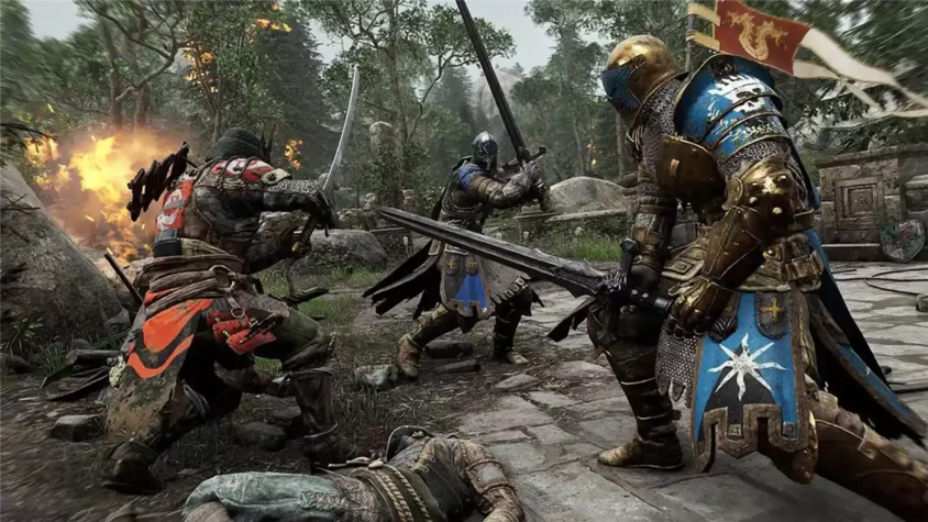Скриншот из игры FOR HONOR, бой рыцаря с самураем на фоне разрушенного города