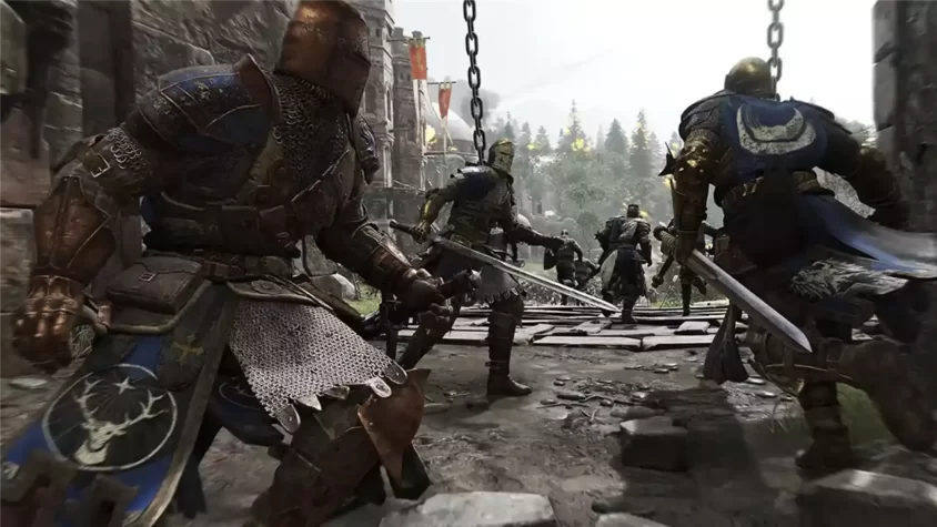 Скриншот из игры FOR HONOR, сцена с рыцарем и самураем в финальной схватке