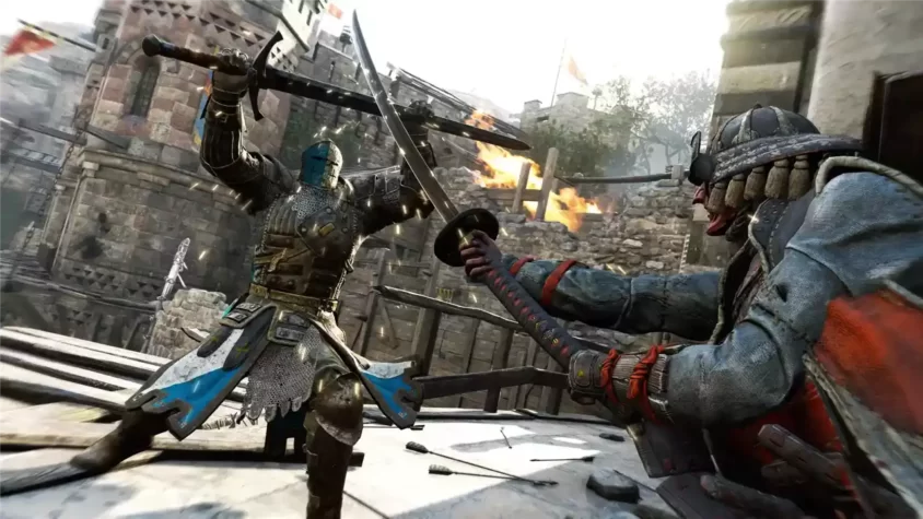 Скриншот из игры FOR HONOR, эпическая битва на фоне разрушенного замка