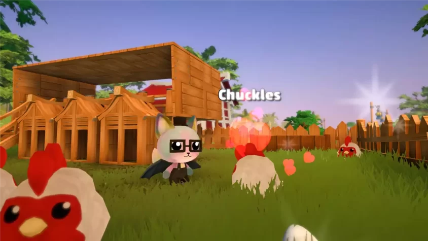Питомец в очках в Garden Paws, среди кур и деревянных построек