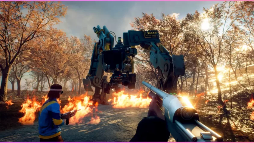 Персонаж стреляет по роботу в игре Generation Zero