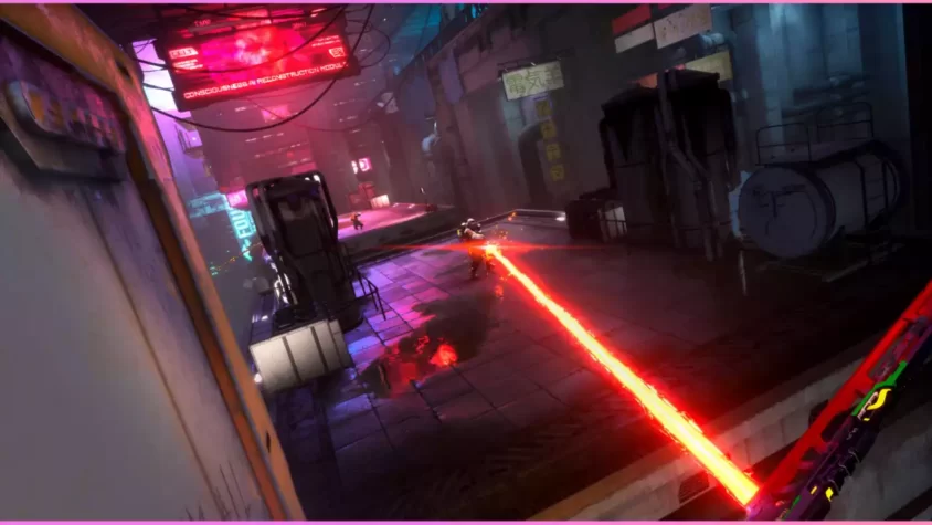 Скриншот из Ghostrunner 2, где персонаж использует лазерный меч
