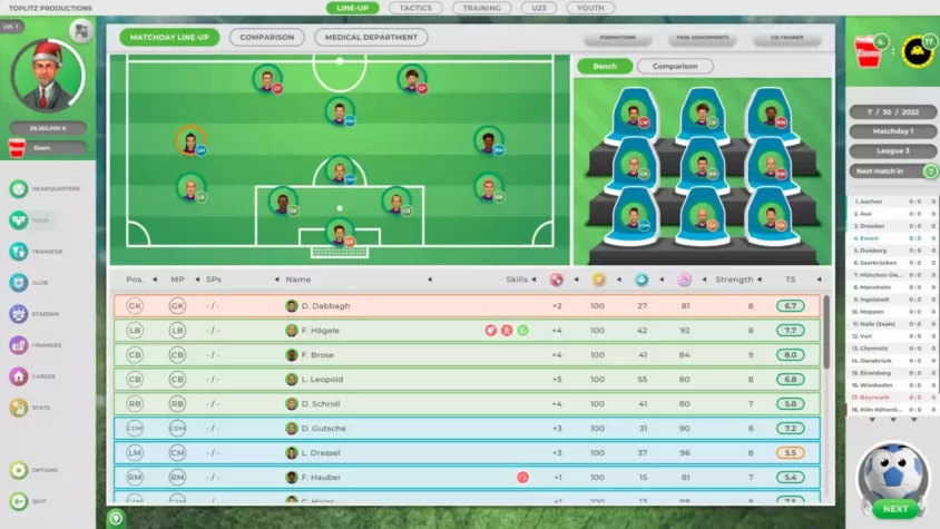 Состав команды на матч с деталями игроков в GOAL! The Club Manager.