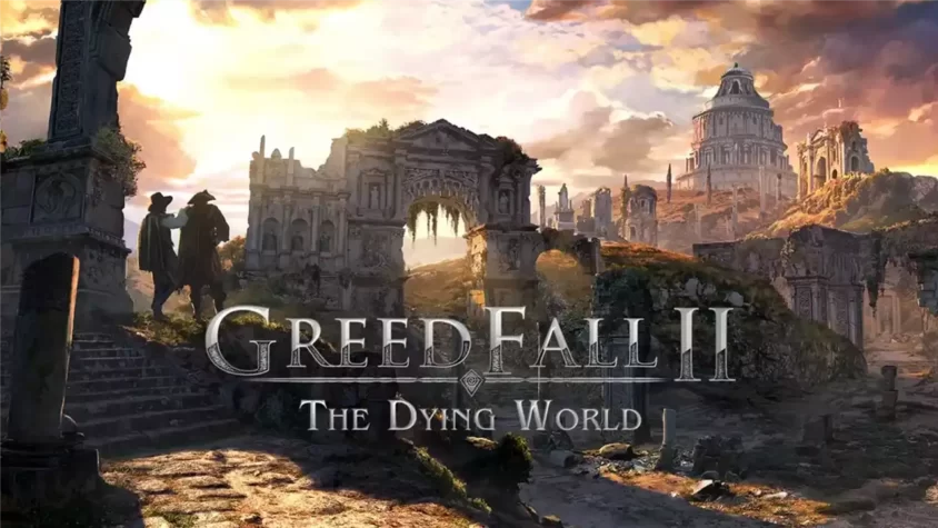 GreedFall II: The Dying World Обложка игры, разрушенный мир и два человека на фоне