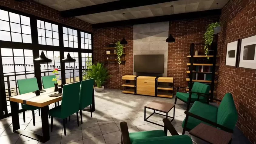 Гостиная в индустриальном стиле с зелеными креслами в House Flipper 2