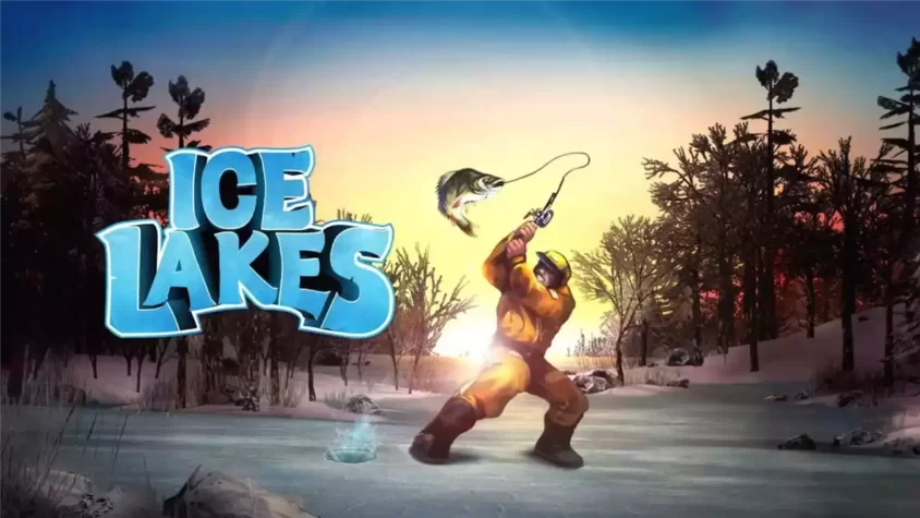 Обложка игры Ice Lakes Человек на льду, вытягивающий крупную рыбу
