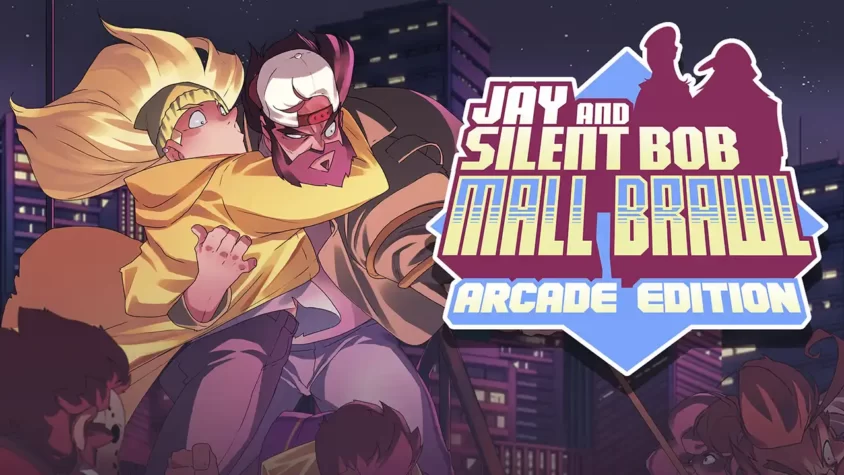 Jay and Silent Bob Mall Brawl: Обложка игры Обложка игры Jay and Silent Bob Mall Brawl с главными героями, Джей и Молчун, на фоне ночного города