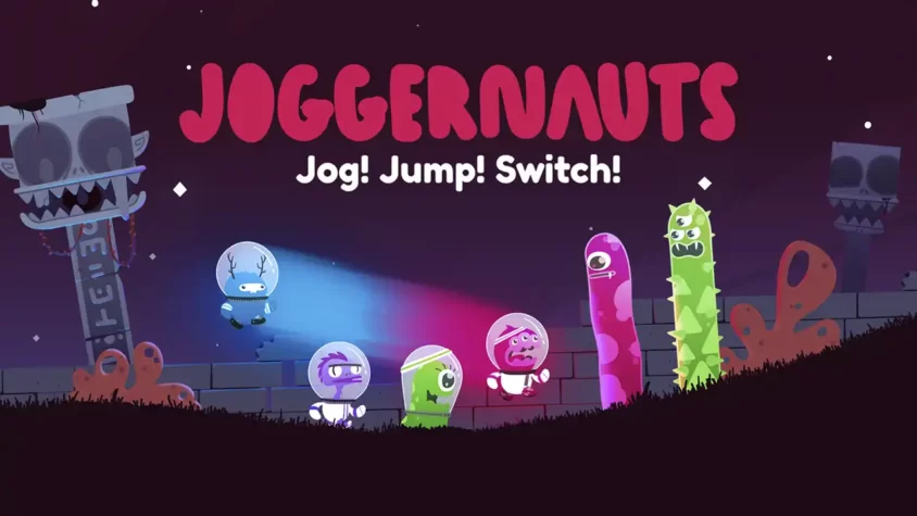 Joggernauts – Беги! Прыгай! Переключайся! Обложка игры с забавными персонажами, бегущими по ночному пейзажу.