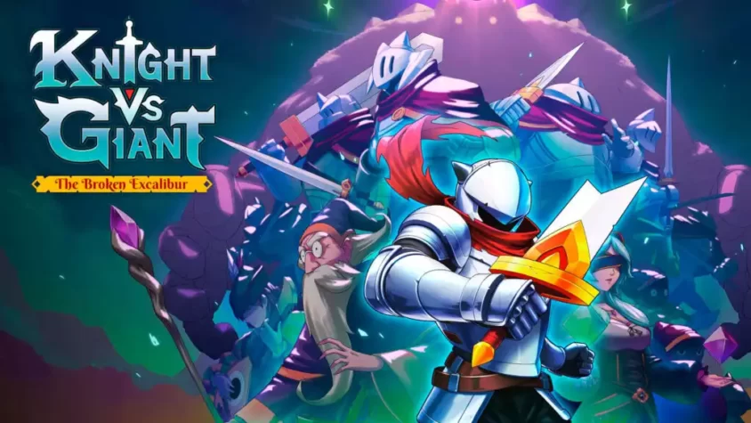 Обложка игры 'Knight vs Giant: The Broken Excalibur' с рыцарем и гигантами на заднем плане
