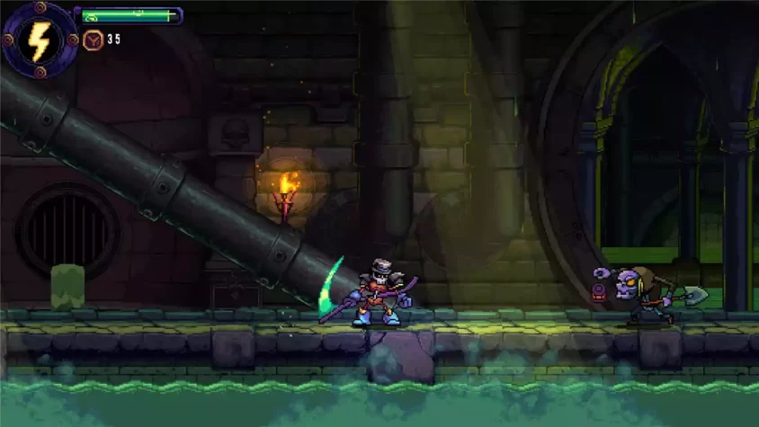 Скриншот игры Kraino Rebirth — скелет с косой сражается с врагом в подземелье